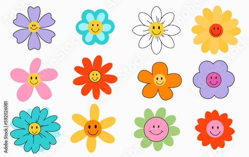 Set of colorful hand drawn smiling flowers in groovy style. 70s retro elements set. Simple Abstract flowers with different shapes and colors. Contemporary Vector illustration floral doodle elements
