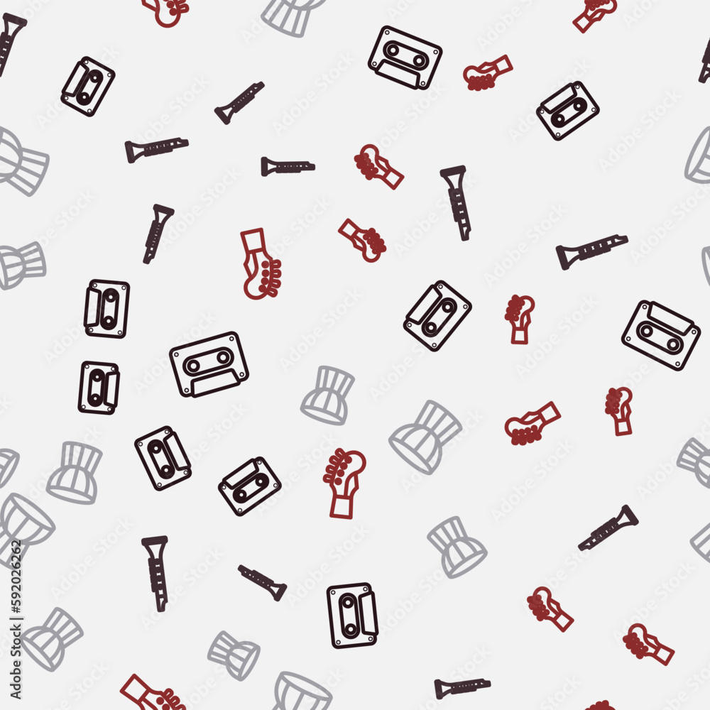 Set line Retro audio cassette tape, Clarinet, African darbuka drum and Guitar neck on seamless pattern. Vector Set line Retro audio cassette tape, Clarinet, African darbuka drum and Guitar neck on seamless pattern. Vector