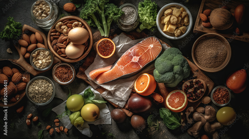 Healthy food clean eating selection: fruit, vegetable, seeds, superfood, cereal, leaf vegetable on gray background. Al generated