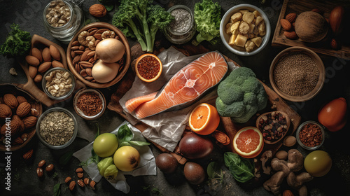 Healthy food clean eating selection: fruit, vegetable, seeds, superfood, cereal, leaf vegetable on gray background. Al generated