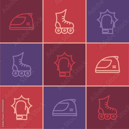 Set line Racing helmet, Punch boxing gloves and Roller skate icon. Vector