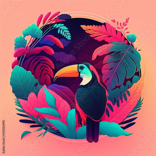 colorful neon illustration of a toucan with tropical plants and leafs