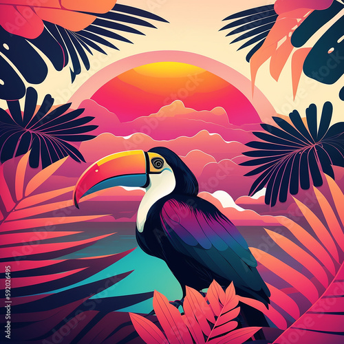 colorful neon illustration of a toucan with tropical plants and leafs