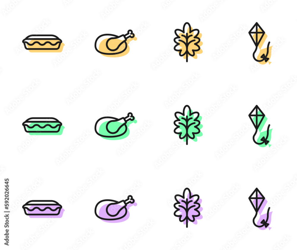Set line Leaf, Homemade pie, Roasted turkey or chicken and Kite icon. Vector