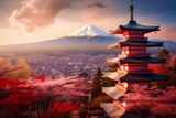 Japan Beautiful view of mountain Fuji and Chureito pagoda 