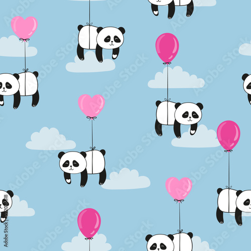 Fototapeta Naklejka Na Ścianę i Meble -  Seamless pattern with cute panda and balloons. Vector cartoon bears illustration