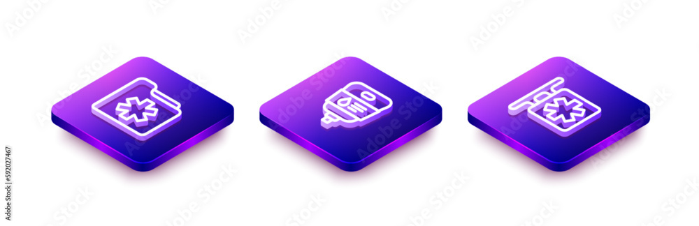 Set Isometric line Medical health record folder, IV bag and Emergency - Star of Life icon. Vector Set Isometric line Medical health record folder, IV bag and Emergency - Star of Life icon. Vector