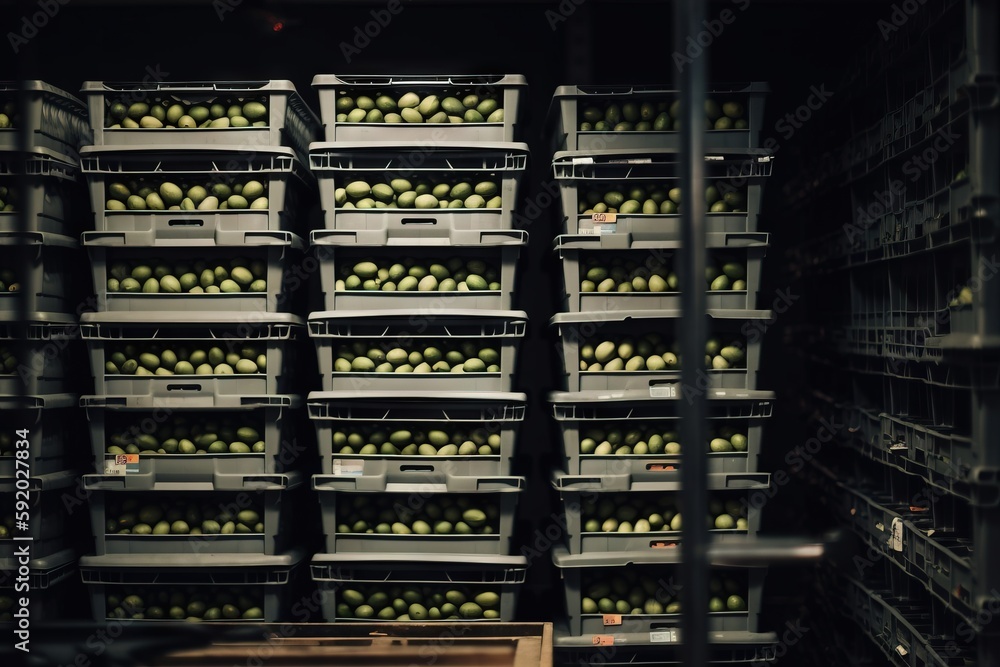 a bunch of crates filled with lots of green apples in a warehouse area of some sort, with one of the crates full of green apples in the background. generative ai a bunch of crates filled with lots of green apples in a warehouse area of some sort, with one of the crates full of green apples in the background. generative ai
