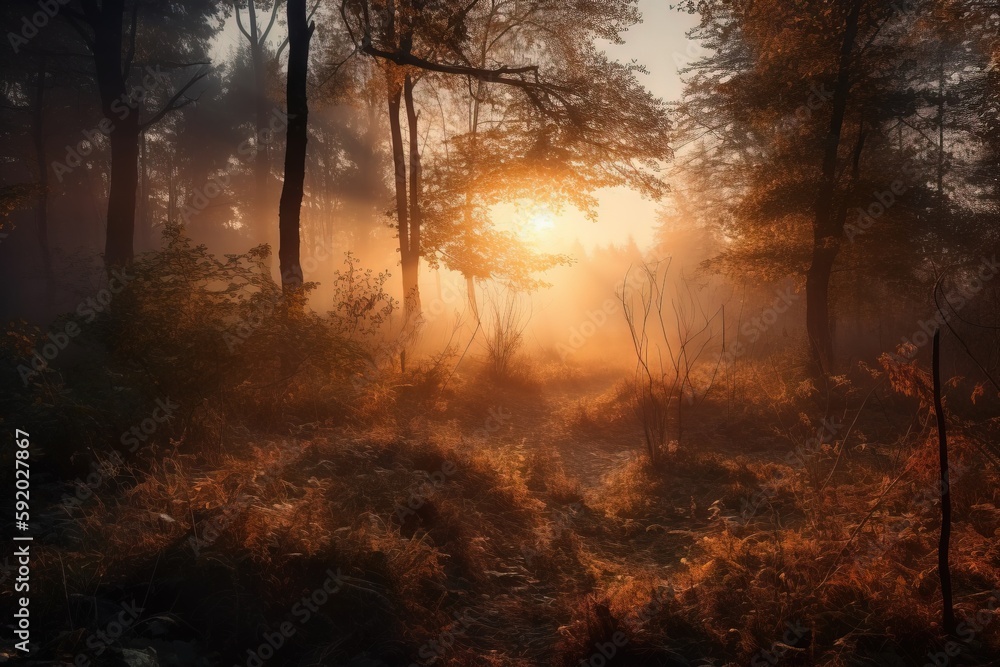 the sun is shining through the trees in the forest with tall grass and tall grass in the foreground, and a path in the foreground. generative ai the sun is shining through the trees in the forest with tall grass and tall grass in the foreground, and a path in the foreground. generative ai