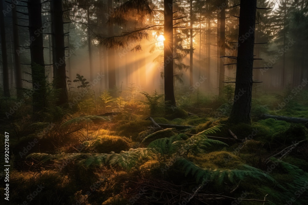 a forest filled with lots of tall trees and green ferns covered in sunbeams with a beam of light coming through the trees in the distance. generative ai a forest filled with lots of tall trees and green ferns covered in sunbeams with a beam of light coming through the trees in the distance. generative ai