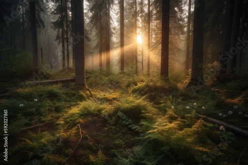  the sun is shining through the trees in a forest filled with ferns and mossy grass  with a path in the foreground  and a path in the foreground.  generative ai