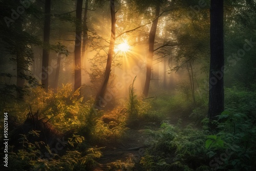  the sun shines through the trees in a forest filled with ferns and ferns in the foreground is a path through the woods.  generative ai © Nadia