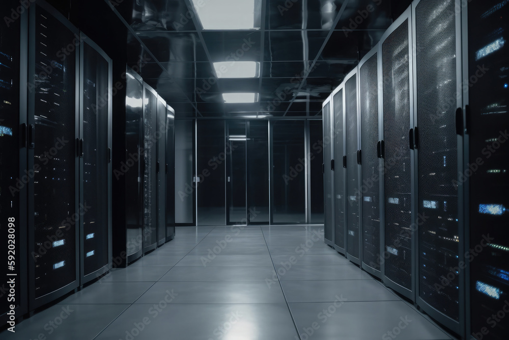 Big data center with server racks. Server room interior. Digital technology hardware. Created with Generative AI Big data center with server racks. Server room interior. Digital technology hardware. Created with Generative AI