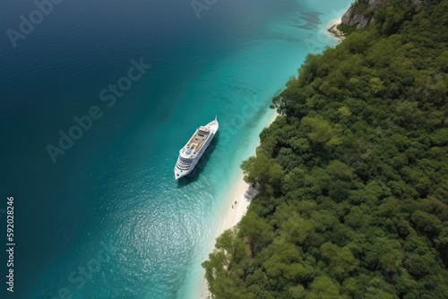 Large cruise ship in tropical landscape, aerial view. Tourism vacation and summer traveling. Luxury liner ship in the sea. Created with Generative AI © Lazy_Bear