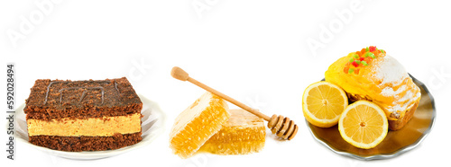 Honeycomb and lemon cake isolated on white . Collage. Free space for text.