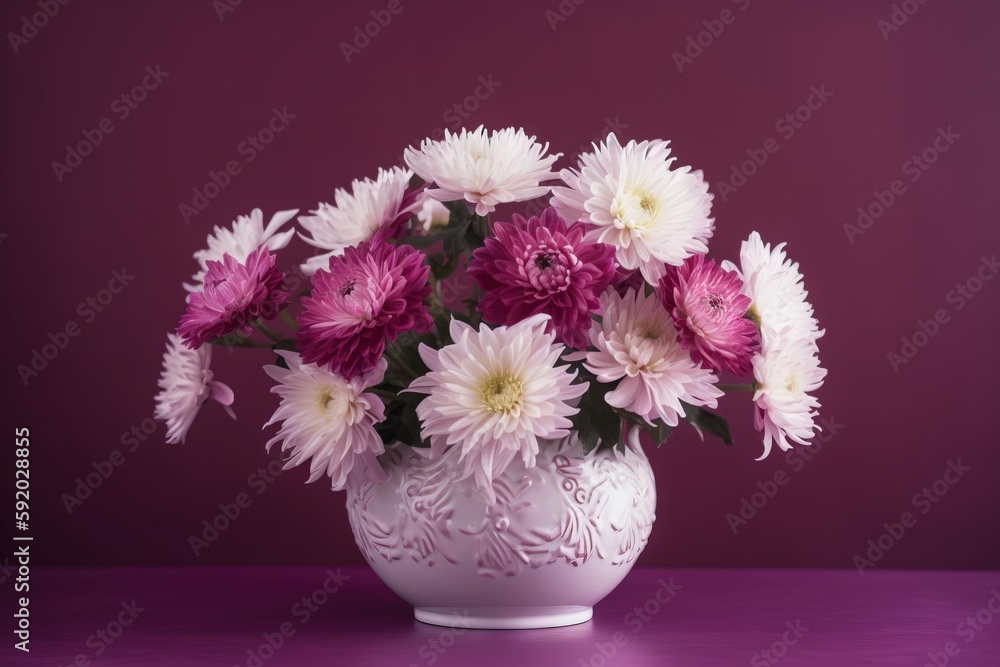  a white vase filled with pink and white flowers on a purple table top with a purple background behind it and a purple wall behind it.  generative ai
