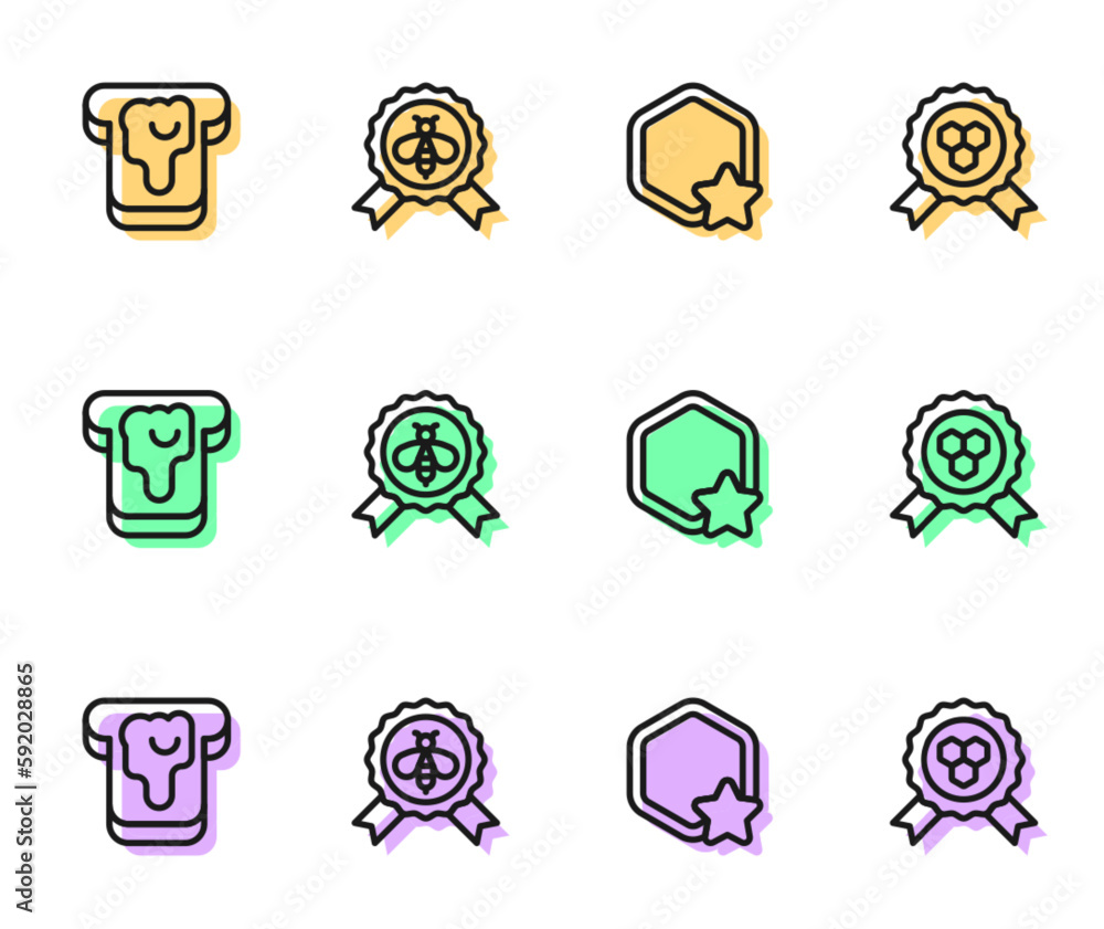 Set line Honeycomb, Bread with honey, Best bee and award icon. Vector Set line Honeycomb, Bread with honey, Best bee and award icon. Vector