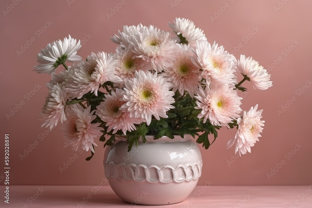 a white vase filled with pink flowers on a pink tableclothed surface with a pink wall in the backround behind the vase. generative ai a white vase filled with pink flowers on a pink tableclothed surface with a pink wall in the backround behind the vase. generative ai