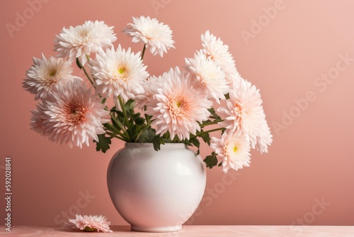  a white vase filled with white flowers on a pink tableclothed surface with a pink wall in the back ground and a pink wall in the background.  generative ai © Nadia