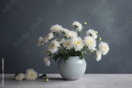  a vase filled with white flowers on top of a white counter top next to a gray wall and a gray wall behind the vase with white flowers in it. generative ai