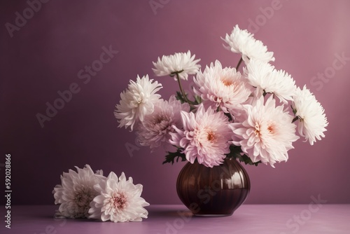  a vase filled with white and pink flowers on a purple table top next to a purple wall and a purple background with a few white flowers in it.  generative ai © Nadia