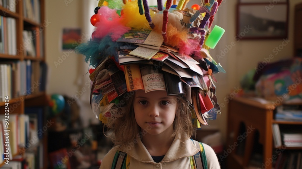 Fototapeta premium little girl with wig from books in classroom, generative AI