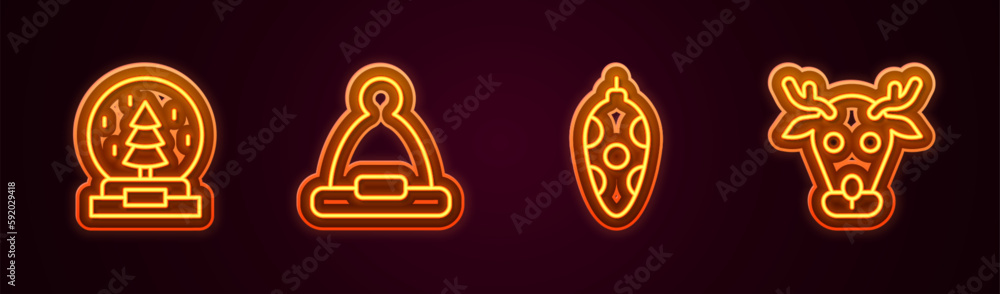 Set line Christmas snow globe, Santa Claus hat, toy and Reindeer. Glowing neon icon. Vector Set line Christmas snow globe, Santa Claus hat, toy and Reindeer. Glowing neon icon. Vector