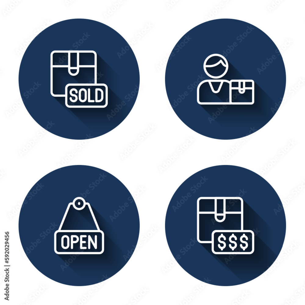 Set line Sold, Buyer, Hanging sign with text Open and Item price tag dollar with long shadow. Blue circle button. Vector Set line Sold, Buyer, Hanging sign with text Open and Item price tag dollar with long shadow. Blue circle button. Vector