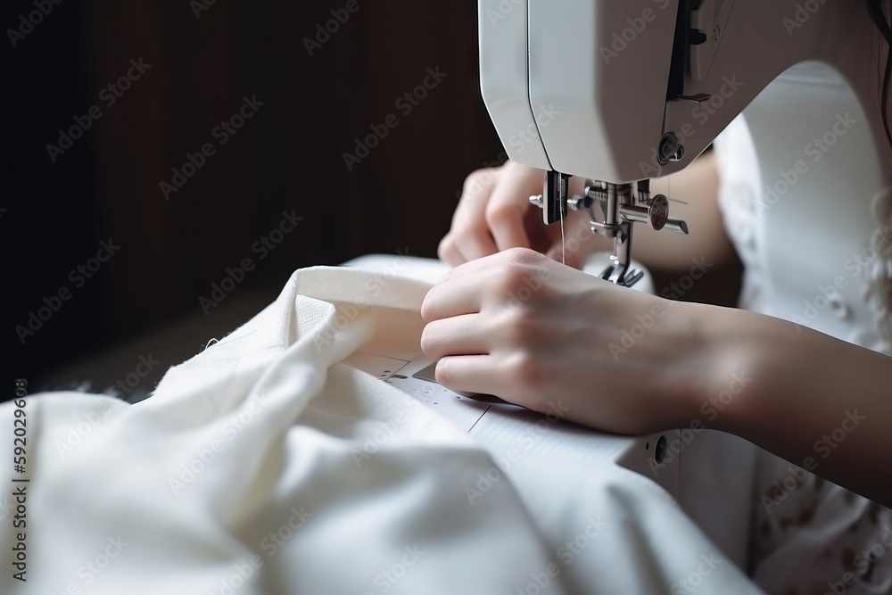  a woman using a sewing machine to sew a white dress on a table with a white sheet on it and a white pillow on the floor.  generative ai