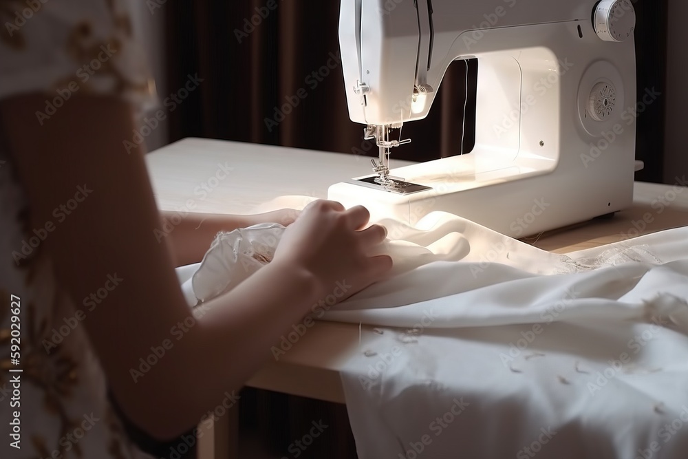  a woman is using a sewing machine to sew a white dress on a table with a white sheet on it and a brown curtain behind her.  generative ai