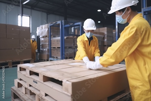  two workers in protective clothing and white helmets are packing boxes in a warehouse with pallets on the floor and boxes on the floor behind them. generative ai