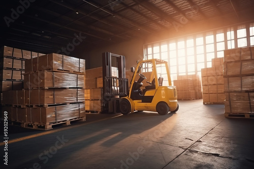  a yellow forklift in a warehouse with pallets on the floor and sunlight streaming through the windows on the side of the warehouse door.  generative ai © Nadia