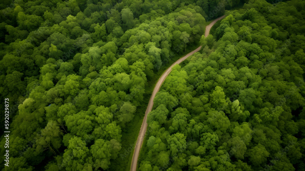 Aerial View of Lush Green Forest: Vibrant Foliage, Dense Tree Canopy and Winding Road