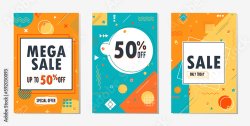 Set of templates of sale and discount offers. Vector illustrations in bright colors for website, flier or social media marketing