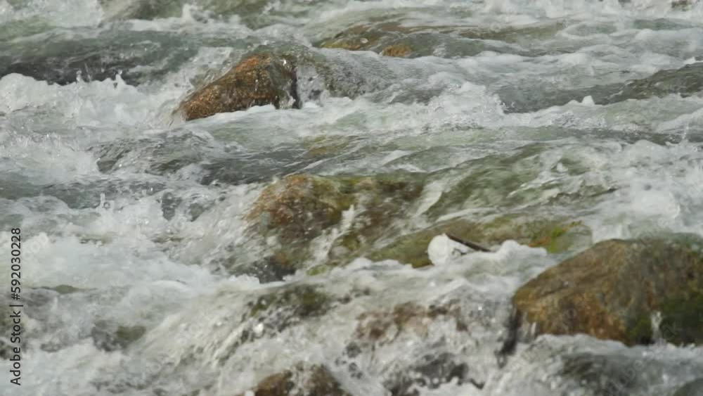 Winter river flowing near ice covered stones, slow motion video detail Winter river flowing near ice covered stones, slow motion video detail