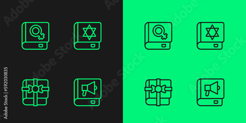 Set line Book, as a gift, about women and Jewish torah book icon. Vector