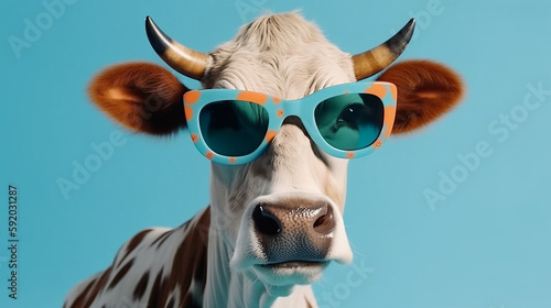 Funny cow with sunglasses in front of blue studio background, concept of Humor and Playfulness, created with Generative AI technology © moon