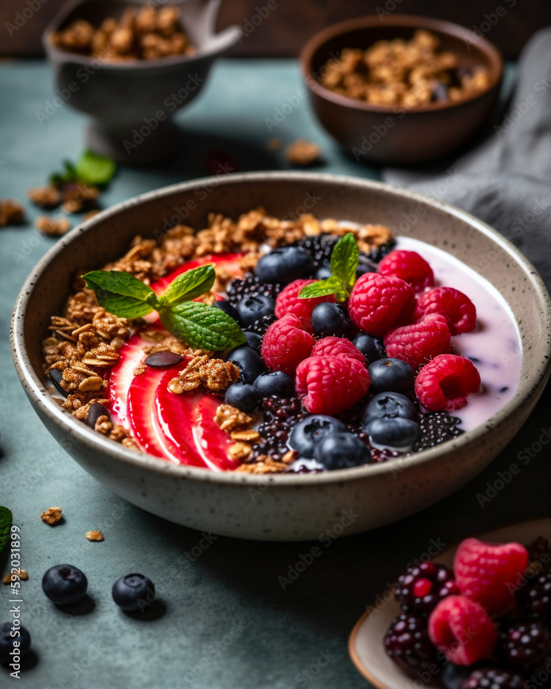 Bowl de desayuno saludable y fresco con acai y frutos rojos Bowl de desayuno saludable y fresco con acai y frutos rojos