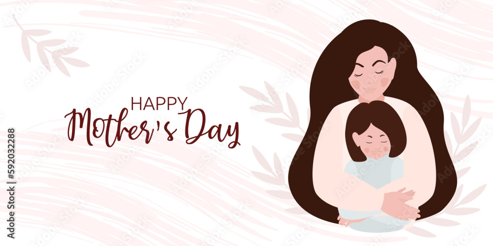 Landing page with Young woman hugging her daughter. Banner about Happy mother's day concept mom and little girl. Mother and child. Vector illustration. Landing page with Young woman hugging her daughter. Banner about Happy mother's day concept mom and little girl. Mother and child. Vector illustration.