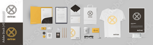 Branding template. Orange color logo with X letter and color background corporate branding set. Stationery branding mockup with folder A4, business cards, envelope and streen lightbox.