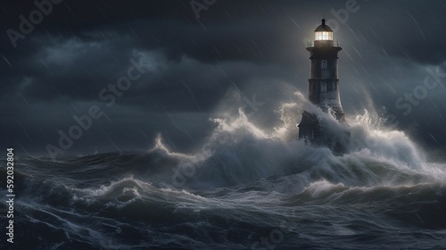 Thunder, lightning and high waves surround a lighthouse. Generative AI.
