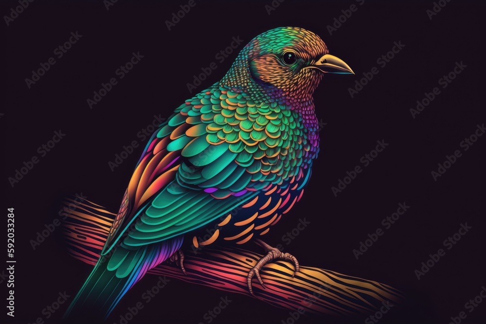 vibrant bird perched on a branch of a tree. Generative AI