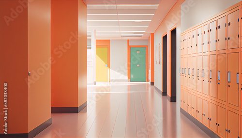 Orange lockers cabinets furniture in a locker room at school or university for student.