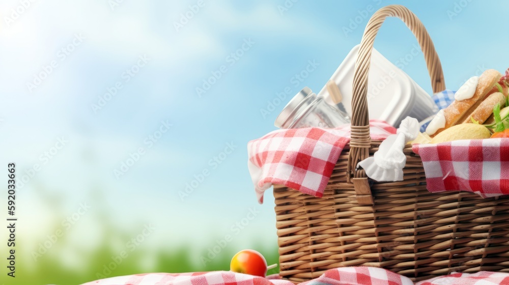 A picnic basket filled with delicious summer treats and a checkered blanket, providing a vast area below for text, accompanied by a pastel background that captures the leisurely charm. Generative ai.
