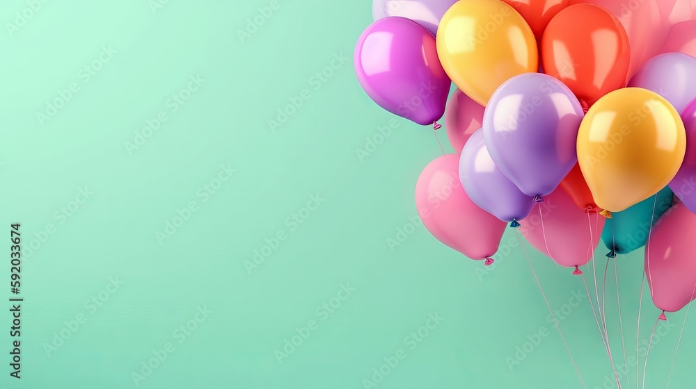 A pair of colorful balloons floating in the upper - left corner, leaving a vast space below for text, set against a pastel background that matches the balloons' cheerful hues. Generative ai. A pair of colorful balloons floating in the upper - left corner, leaving a vast space below for text, set against a pastel background that matches the balloons' cheerful hues. Generative ai.