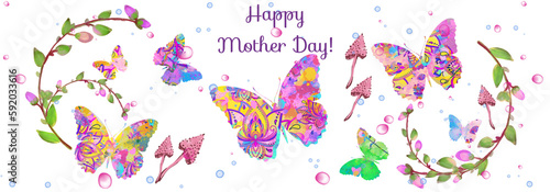 Happy Mother day. Floral pattern with butterflies  mushrooms  leaves. 