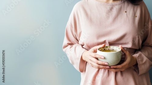 A pregnant woman enjoying a moment of rest with a cup of herbal tea, providing a vast area below for text, accompanied by a pastel background that fosters a sense of relaxation. Generative ai.