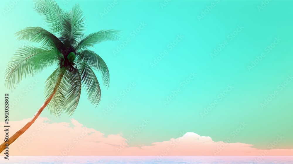 A tropical palm tree swaying gently in a breeze, providing a spacious area to the left for text, accompanied by a pastel background that transports the viewer to a serene island. Generative ai.