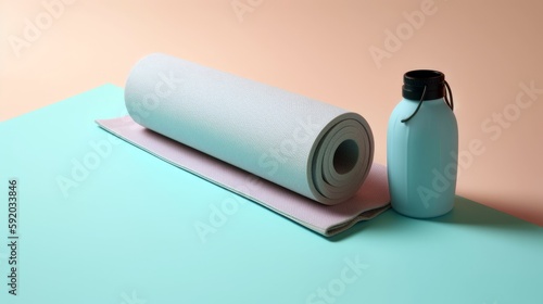 A yoga mat with a water bottle and workout gear, providing a spacious area to the left for text, complemented by a pastel background that evokes a sense of relaxation and well - being. Generative ai.
