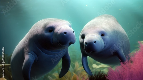 Pixar style, A blissful, cute manatee couple floating together through a serene underwater world, feeling content and in love in a pastel - colored illustration. 3d illustration. Generative ai. © MADMAT